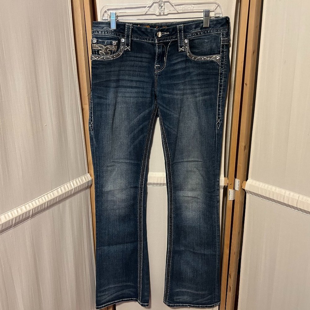 ROCK REVIVAL Sapphire Sz 28 Embroidered Rhinestone Boot Cut Blue Jeans 32 x 34